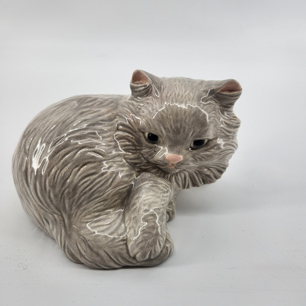 Vintage Ceramic Grey Fluffy Cat Figurine Resting Longhair Kitty Statue